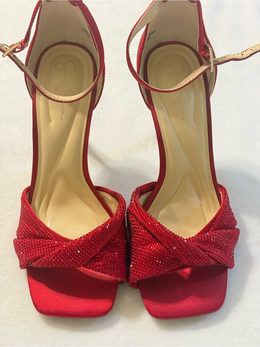 New Jessica Simpson Red Andry 3 Red Open Toe Rhinestone Heels. Size 7M